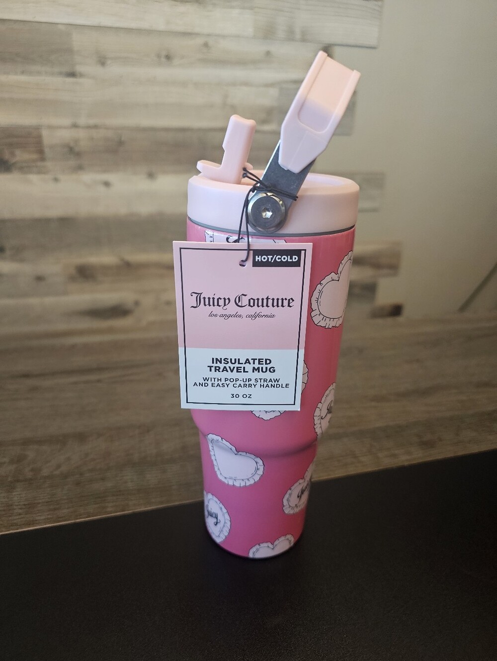 Juicy Couture Hot Pink Travel Mug with Light Pink Heart Motif